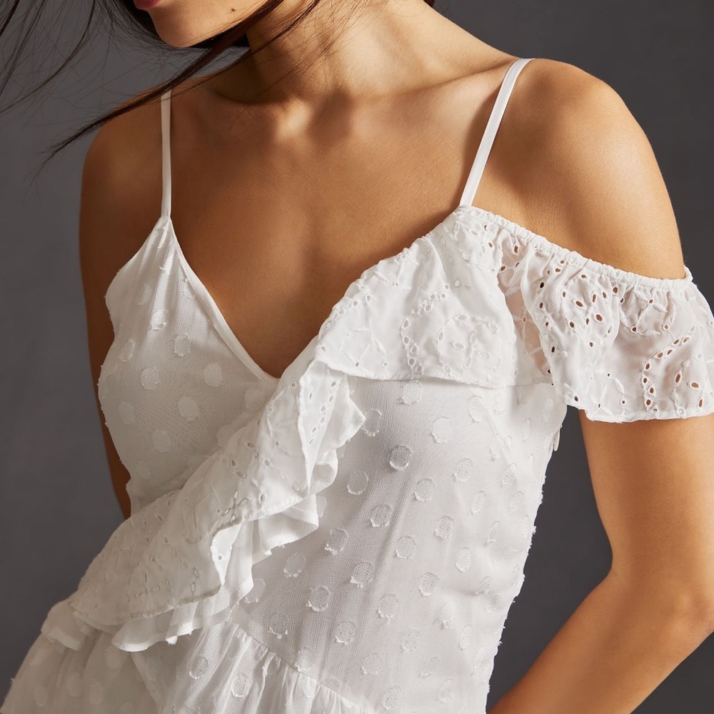 By Anthropologie V Neck Asymmetrical Ruffle Mini Dress - Picture 2 of 5